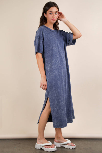 Mineral Washed Casual Comfy Midi Dress: DENIM