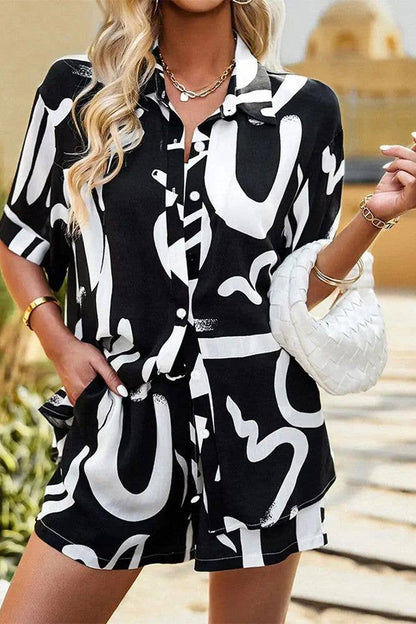 Abstract Print Button Up Blouse With Shorts 2pcs Set