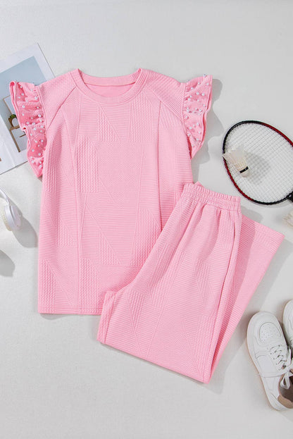 Textured Pearled Ruffled Outfit Pants Set