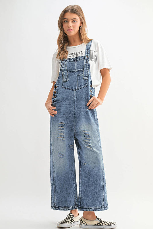 Distressed Bib Pocket Wide Leg Denim Jumpsuit
