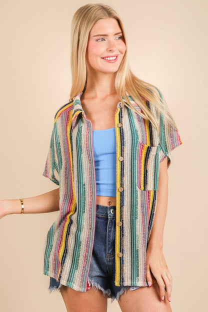 Oversized Crochet Multi Color Striped Shirt Top