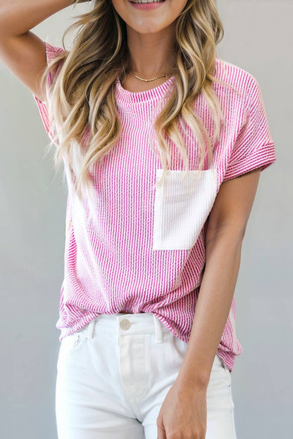 Corded Knit Colorblock Pocketed Round Neck Top