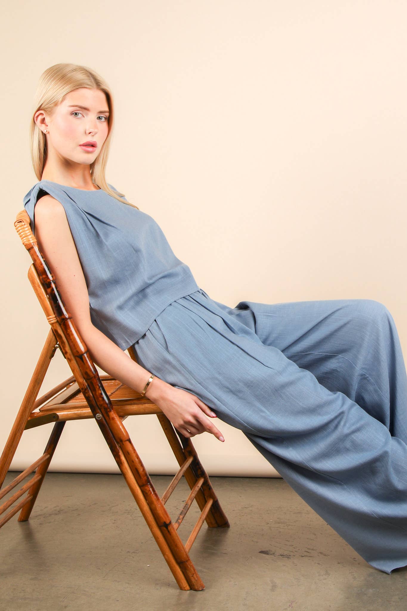 Solid Woven Top & Pants Set: DENIM
