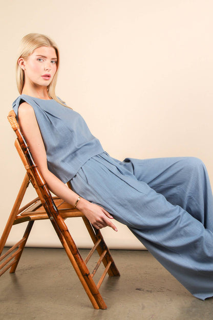 Solid Woven Top & Pants Set: DENIM