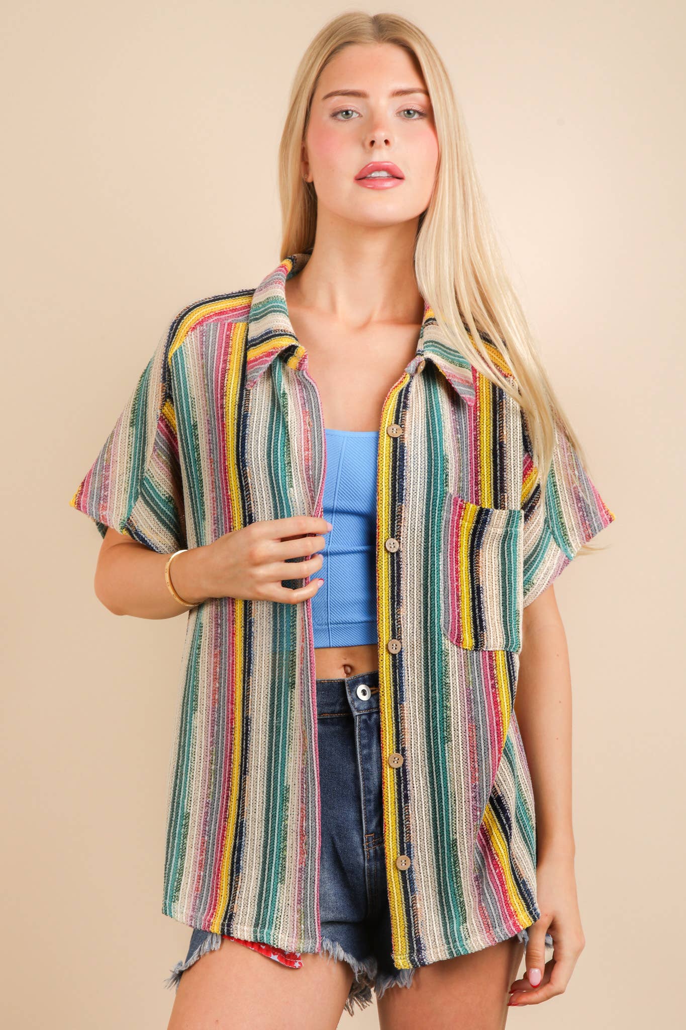 Oversized Crochet Multi Color Striped Shirt Top