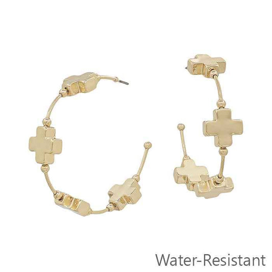 Water Resistant Gold Wired with Gold Cross 1.75" Hoop Earring