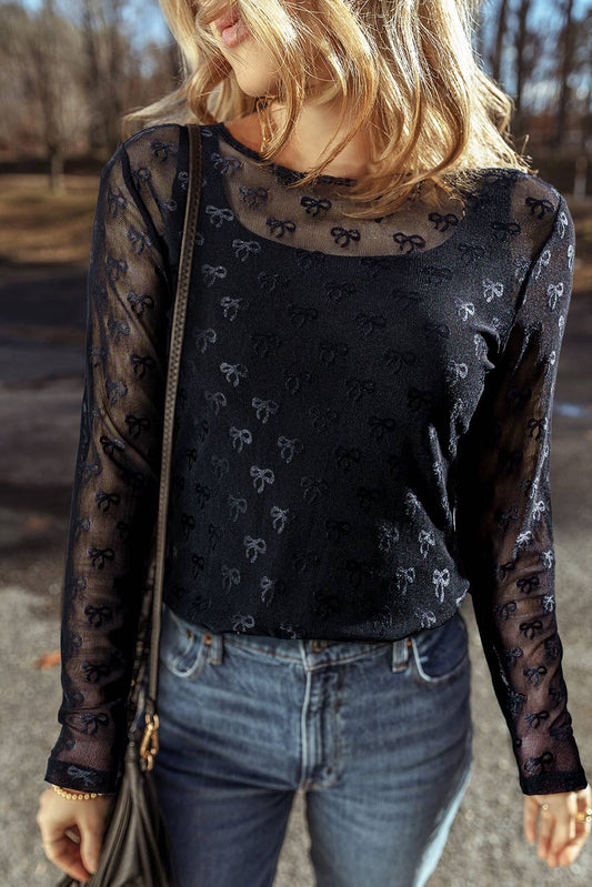 Black Bow Pattern Long Sleeve Mesh Blouse