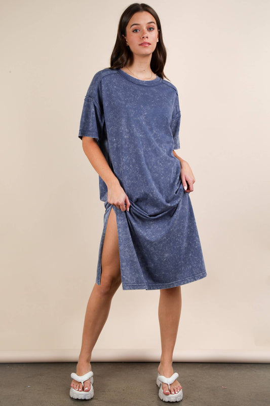 Mineral Washed Casual Comfy Midi Dress: DENIM
