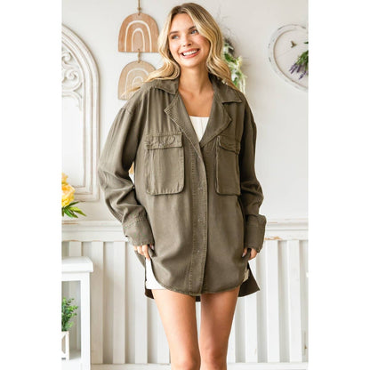 Solid Tencel Shacket with Big Pocket: Dark Olive
