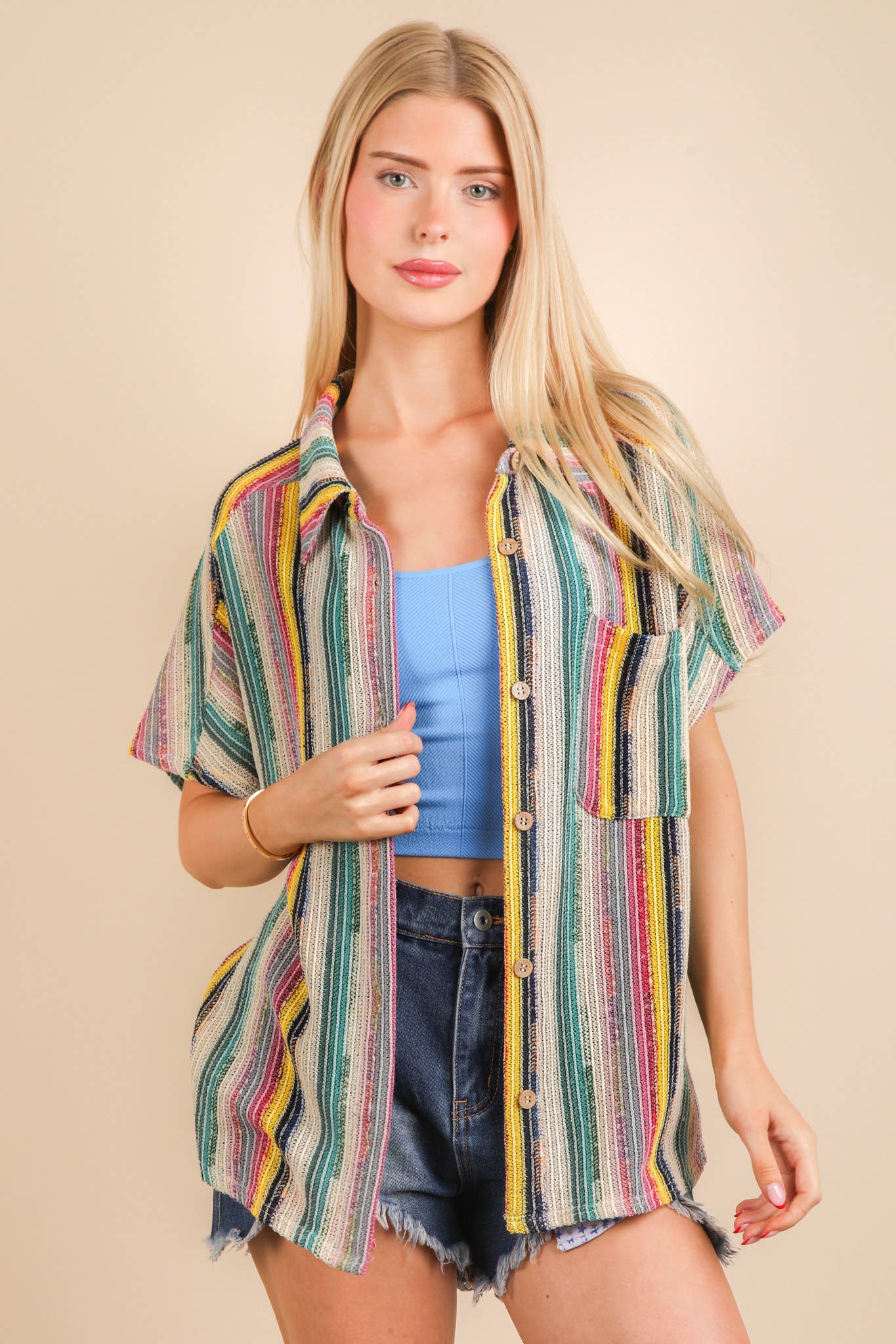 Oversized Crochet Multi Color Striped Shirt Top