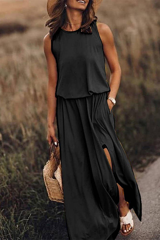 Black Crew Neck Sleeveless Maxi Dress