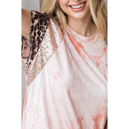 Sequins Contrast Tie Dye Anumal Print Mix Top