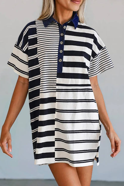 Striped Half Buttoned Polo T Shirt Dress