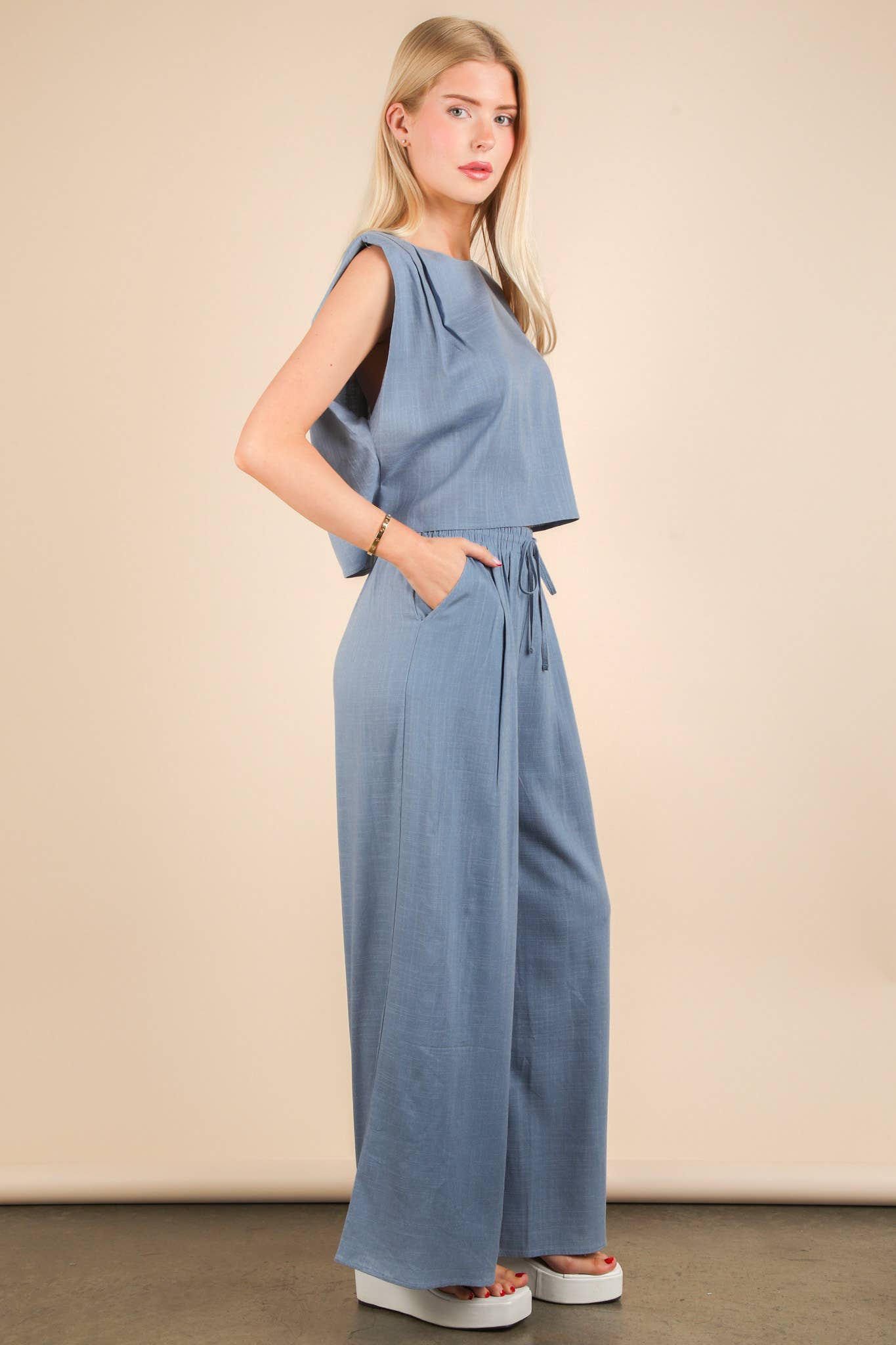 Solid Woven Top & Pants Set: DENIM