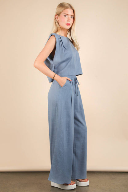 Solid Woven Top & Pants Set: DENIM