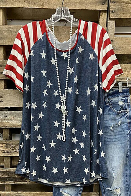 4th of July Blue Star Print Splicing T Shirt Top Women