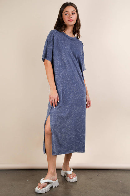 Mineral Washed Casual Comfy Midi Dress: DENIM