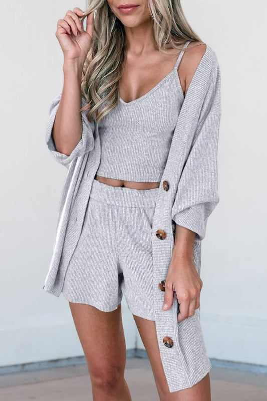3 Pieces Rib Crop Camisole Matching Shorts Lounge Set