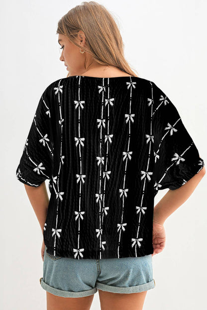 Bow Print Puff Short Sleeve Top