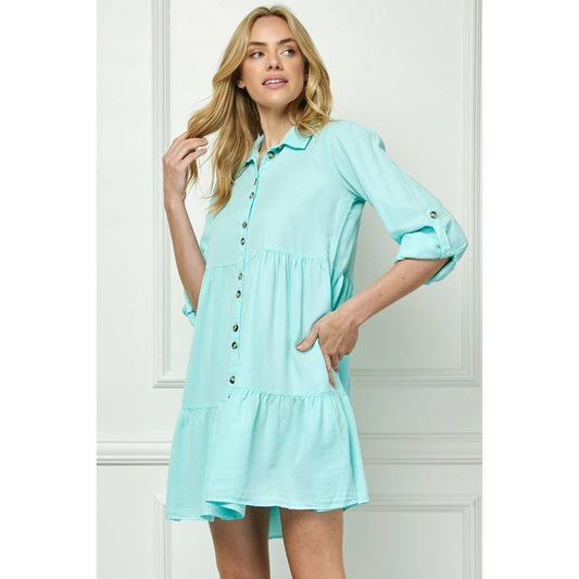 Tencel Collared Button Down Tiered Dress