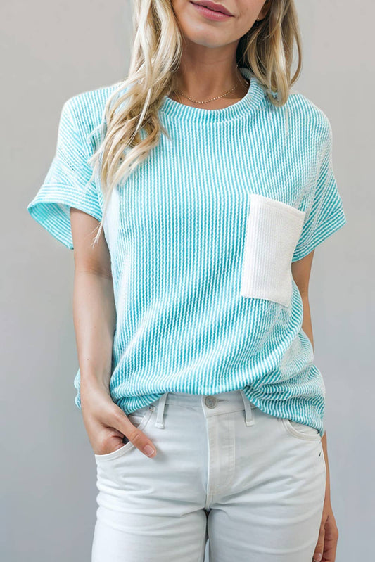 Corded Knit Colorblock Pocketed Round Neck Top