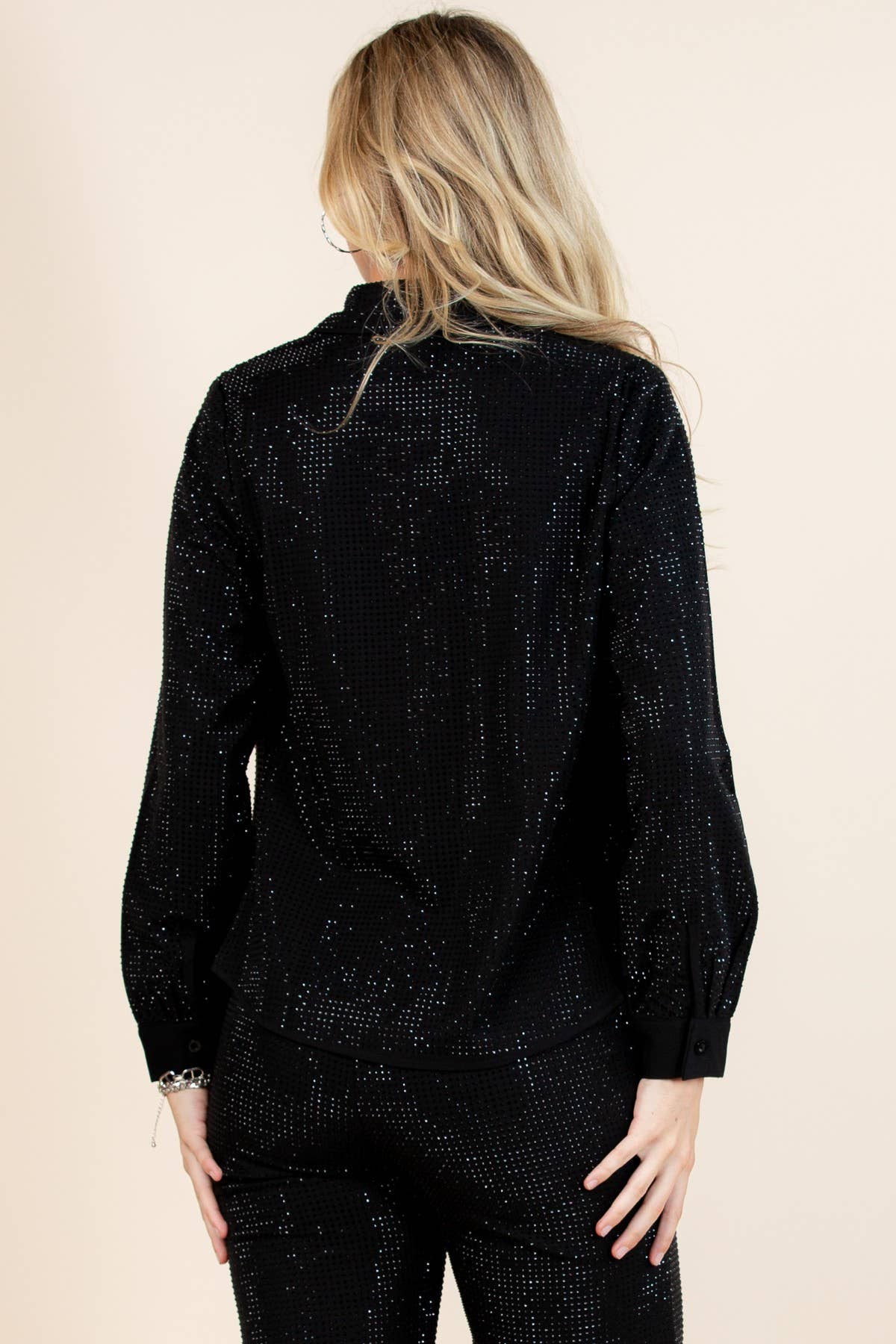 Black Sequin Detail Button Down Shirt