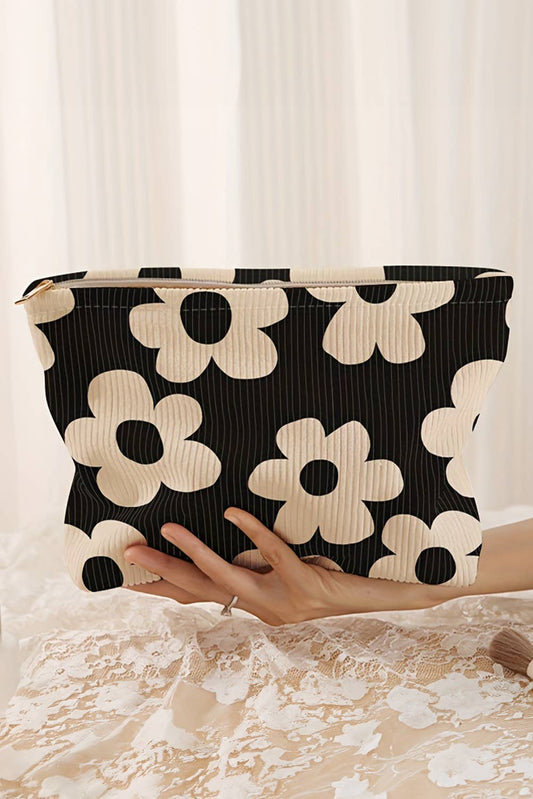 Chic Flower Printed Rib Textured Cosmetic Bag
