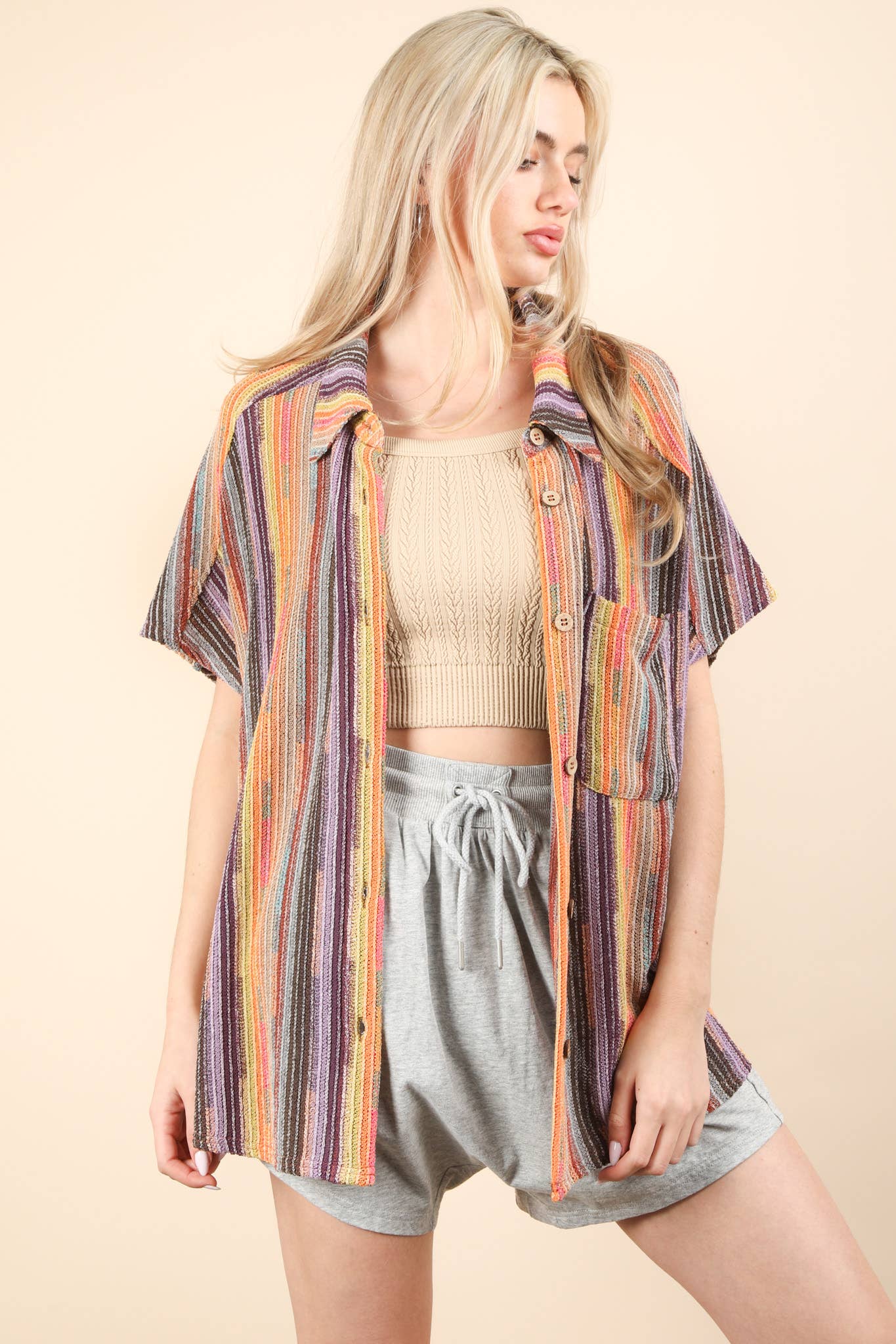 Oversized Crochet Multi Color Striped Shirt Top