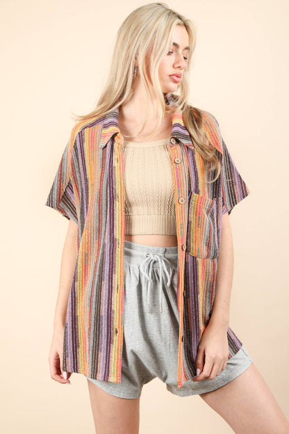 Oversized Crochet Multi Color Striped Shirt Top