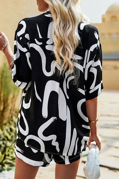 Abstract Print Button Up Blouse With Shorts 2pcs Set