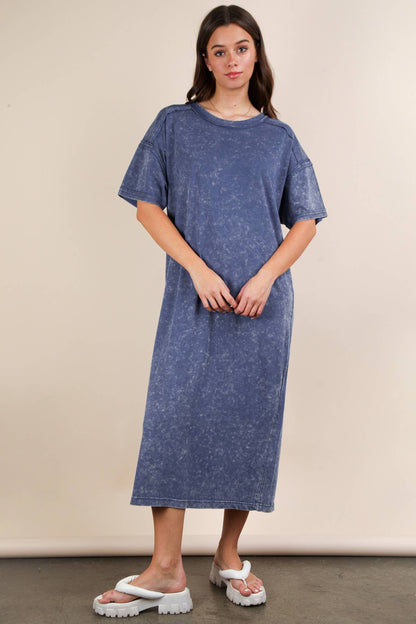 Mineral Washed Casual Comfy Midi Dress: DENIM