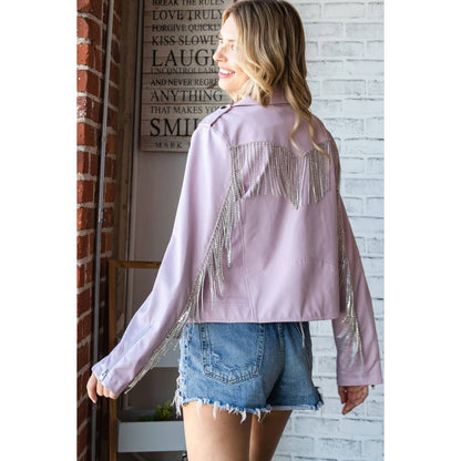 Rhinestone Fringe Faux Leather Moto Jacket: Lavender