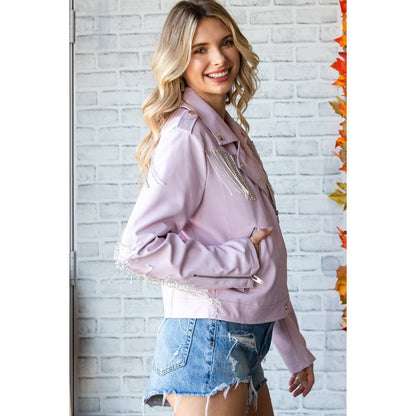 Rhinestone Fringe Faux Leather Moto Jacket: Lavender