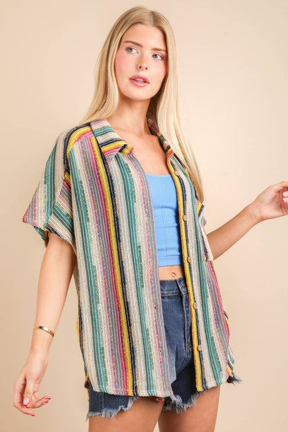 Oversized Crochet Multi Color Striped Shirt Top