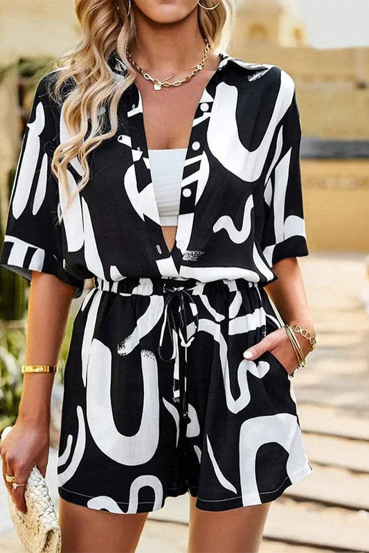 Abstract Print Button Up Blouse With Shorts 2pcs Set