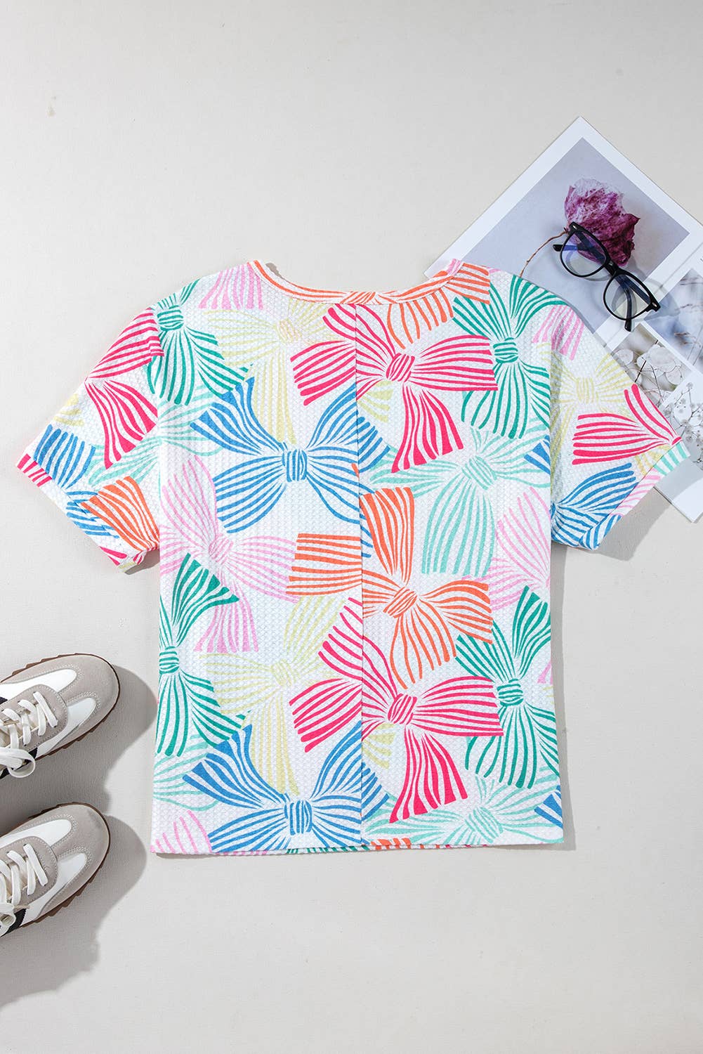 Bow Printed Waffle Short Sleeve Top