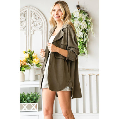 Solid Tencel Shacket with Big Pocket: Dark Olive
