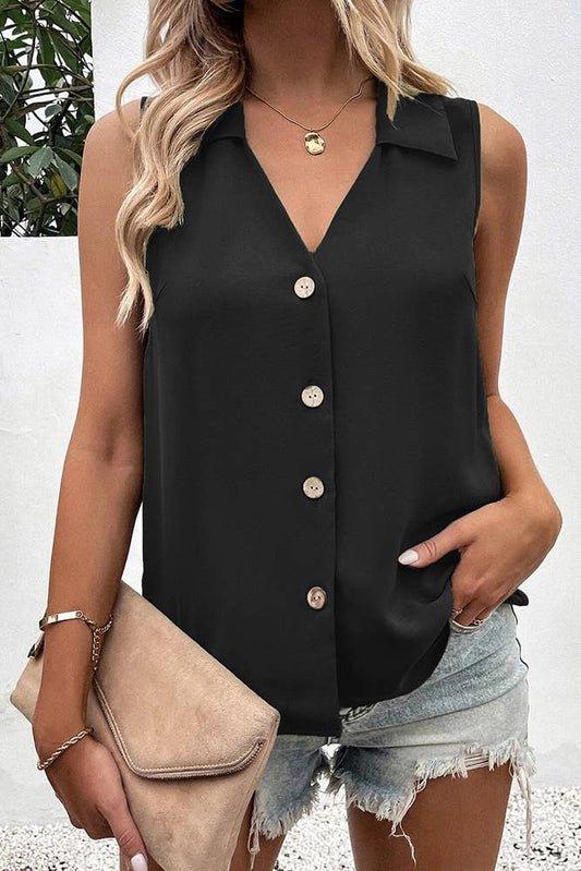 Black Plain V Neck Button Sleeveless Blouse