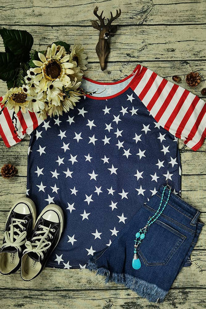 4th of July Blue Star Print Splicing T Shirt Top Women