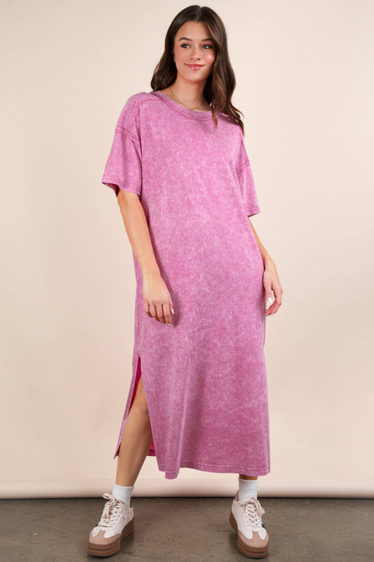 Mineral Washed Casual Comfy Midi Dress